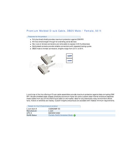 Premium Molded D-sub Cable DB25 Male Female 50 ft handbook - cover page