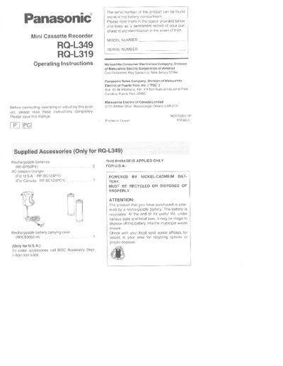 Panasonic RQ-L349 Mini Cassette Recorder Operating Instructions - cover page