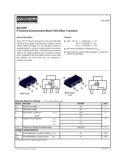 Fairchild NDT454P P-Channel Enhancement Mode FET Datasheet - cover page