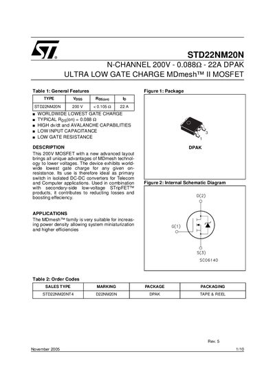 STMicroelectronics STD22NM20N N-Channel MOSFET Datasheet - cover page
