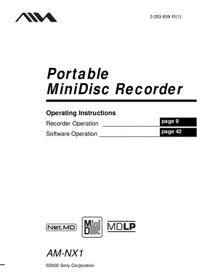 Sony AM-NX1 Portable MiniDisc Recorder User Manual - cover page