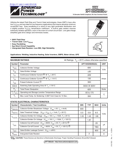 ADVANCED POWER TECHNOLOGY APT100GN60B2 APT100GN60B2G* handbook - cover page