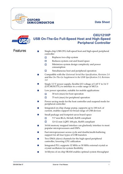 Oxford Semiconductor OXU121HP USB On-The-Go Full-Speed Host and High-Speed Peripheral Controller Datasheet - cover page