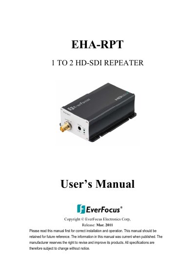 EverFocus EHA-RPT 1 to 2 HD-SDI Repeater User's Manual - cover page