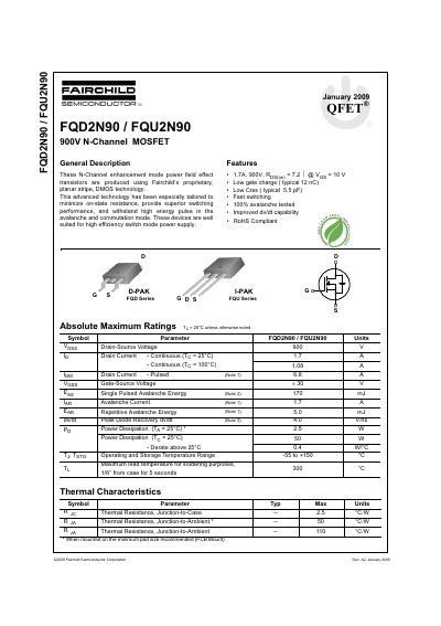 Fairchild Semiconductor FQD2N90/FQU2N90 900V N-Channel MOSFET Datasheet - cover page