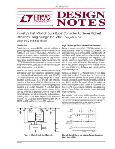 LINEAR Industry s First 4-Switch Buck-Boost Controller Achieves Highest Efficiency Using a Single Inductor Design Note 369 handbook - cover page