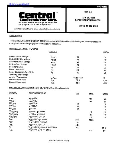 Central Semiconductor CEN-U45 Darlington Transistor Datasheet - cover page