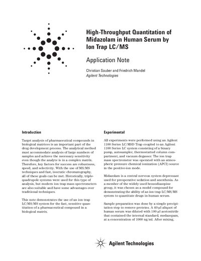 Agilent LC/MSD Trap Application Note: High-Throughput Quantitation of Midazolam in Human Serum - cover page