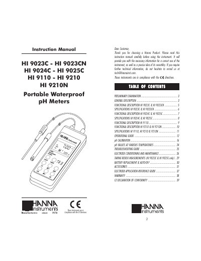 Hanna Instruments HI 9023C/9023CN/9024C/9025C/9110/9210/9210N Portable Waterproof pH Meters Instruction Manual - cover page