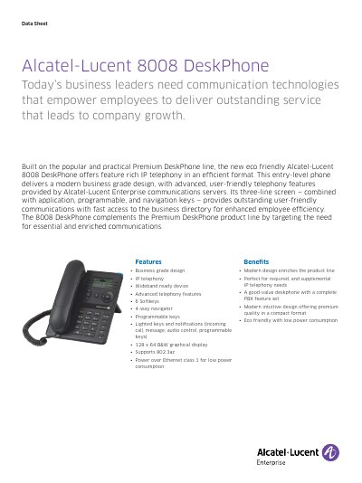 Alcatel-Lucent 8008 Desk Phone Data Sheet