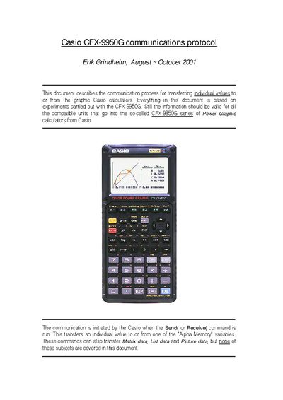Casio CFX-9950G Communications Protocol Programming Manual - cover page