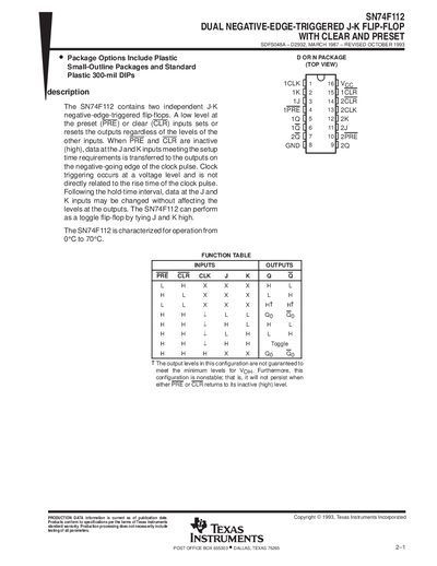 Texas Instruments SN74F112 Dual Negative-Edge-Triggered J‑K Flip‑Flop with Clear and Preset Datasheet - cover page