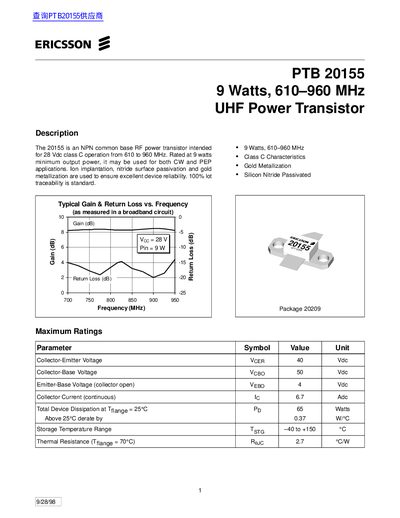 Ericsson PTB 20155 UHF Power Transistor Datasheet - cover page