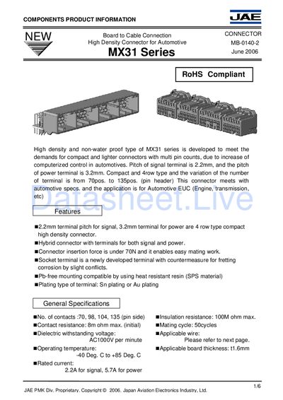 JAE MX31 Series Connector Datasheet - cover page