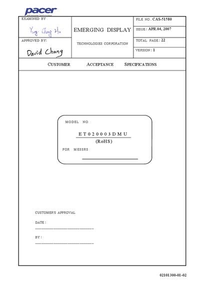 Emerging Display ET020003DMU Customer Acceptance Specifications - cover page