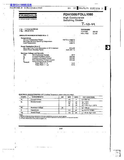 Fairchild Semiconductor FDH1000/FDLL1000 High Conductance Switching Diodes Datasheet - cover page