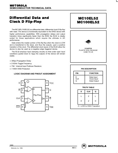 Motorola MC10EL52/MC100EL52 Differential Data and Clock D Flip-Flop Datasheet - cover page