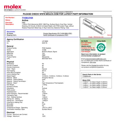 Molex 71436-2164 Mezzanine Connector Product Specification - cover page