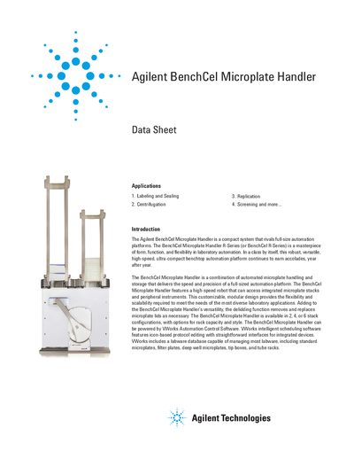 Agilent BenchCel Microplate Handler G5400A/G5410A Data Sheet - cover page