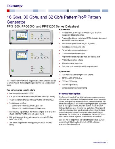 Tektronix PPG1600, PPG3000, PPG3200 Series Pattern Generator Datasheet - cover page