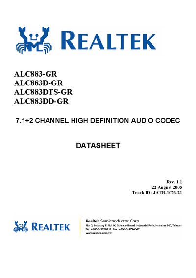 Realtek ALC883 Series Audio Codec Datasheet - cover page
