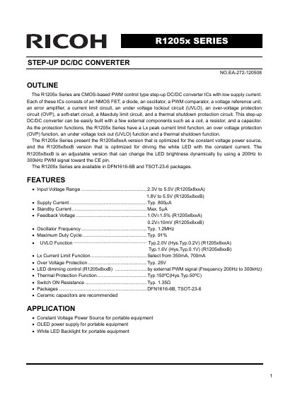 Ricoh R1205x Series Step-Up DC/DC Converter Datasheet