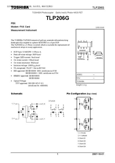 Toshiba TLP206G Photocoupler Datasheet - cover page