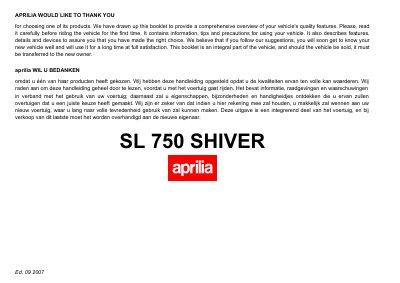 Aprilia SL 750 Shiver Owner's Manual - cover page