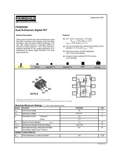 Fairchild FDG6303N Dual N-Channel Digital FET Datasheet - cover page