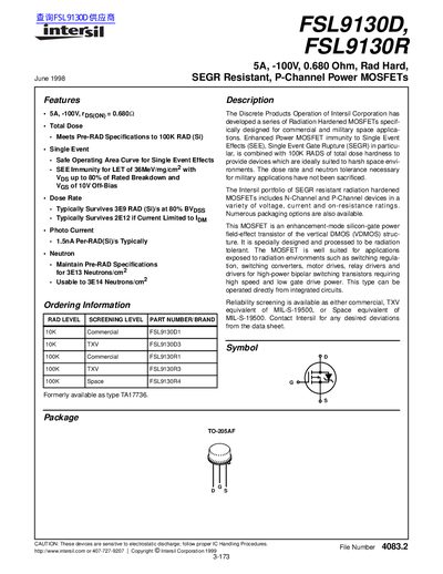 intersil FSL9130D FSL9130R 5A -100V 0.680 Ohm Rad Hard SEGR Resistant P-Channel Power MOSFETs handbook - cover page