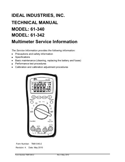 Ideal Industries 61-340/61-342 Multimeter Service Manual - cover page