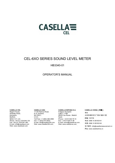 Casella CEL-6XO Series Sound Level Meter Operator’s Manual - cover page