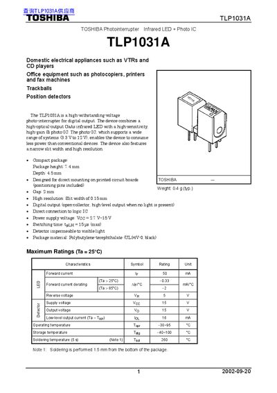 Toshiba TLP1031A Photointerrupter Datasheet - cover page