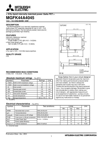 Mitsubishi Electric MGFK44A4045 X/Ku Band Power GaAs FET Datasheet - cover page