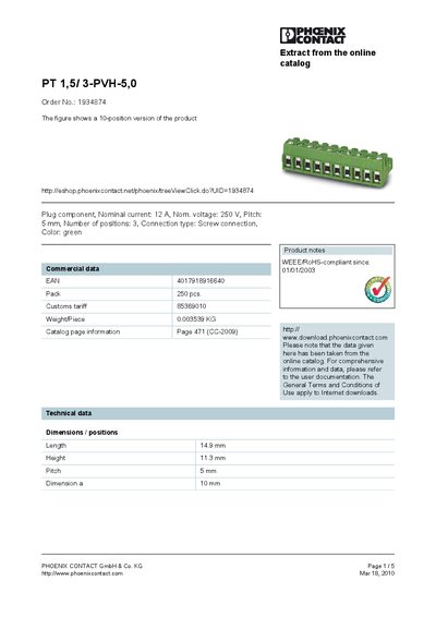 Phoenix Contact PT 1,5/3-PVH-5,0 Product Data Sheet - cover page