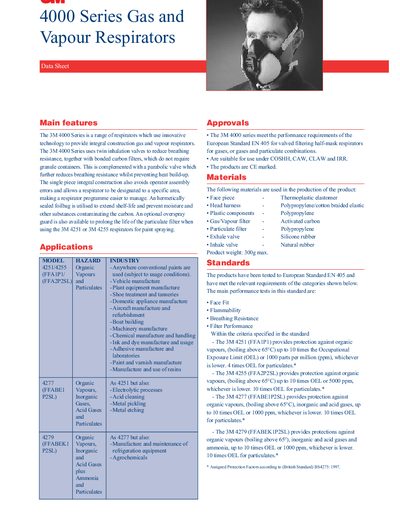 3M 4000 Series Gas and Vapour Respirators Data Sheet - cover page