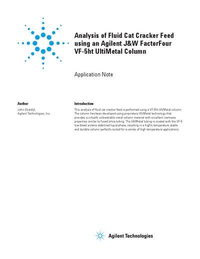 Agilent VF-5ht UltiMetal Column Application Note for Fluid Cat Cracker Feed Analysis - cover page