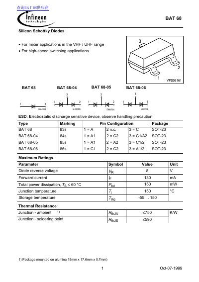 Infineon BAT 68 Silicon Schottky Diodes Datasheet - cover page