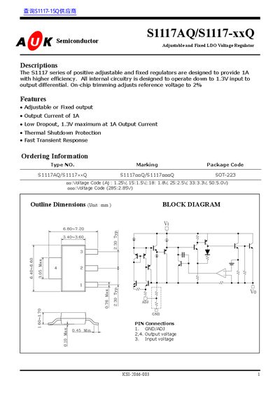 AUK S1117AQ/S1117-xxQ Adjustable and Fixed LDO Voltage Regulator Datasheet - cover page