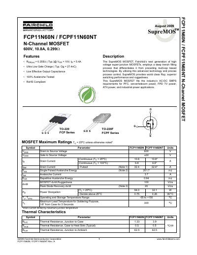 Fairchild Semiconductor FCP11N60N/FCPF11N60NT N-Channel MOSFET Datasheet - cover page