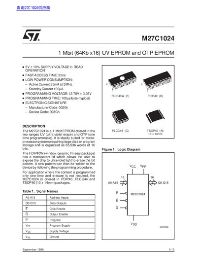 STMicroelectronics M27C1024 EPROM Datasheet - cover page