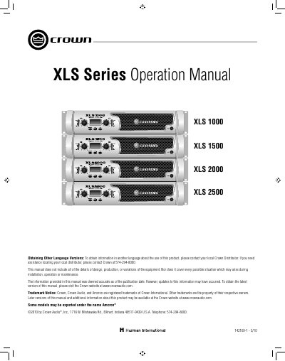 crown XLS 1000/1500/2000/2500 Manual - cover page