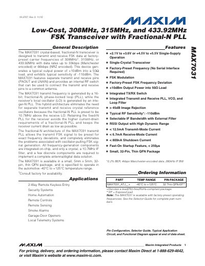 Maxim MAX7031 Low-Cost 308/315/433.92 MHz FSK Transceiver Datasheet - cover page