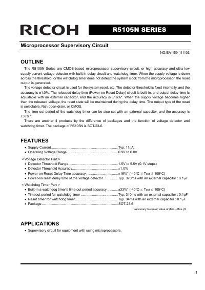 Ricoh R5105N Series Microprocessor Supervisory Circuit Datasheet