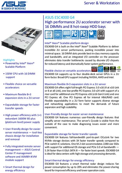 ASUS ESC4000 G4 Server Product Specification Sheet - cover page