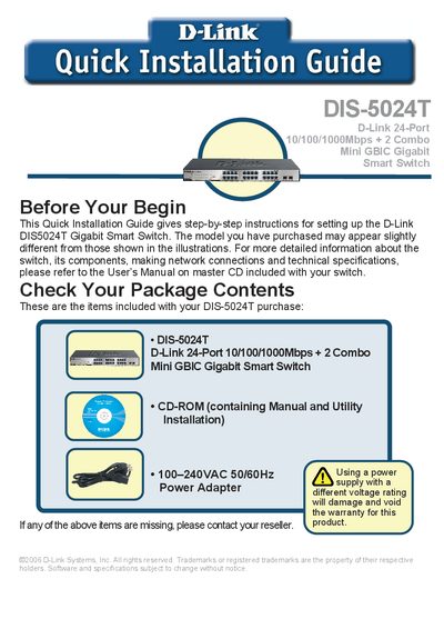 D-Link DIS-5024T Switch Quick Installation Guide - cover page