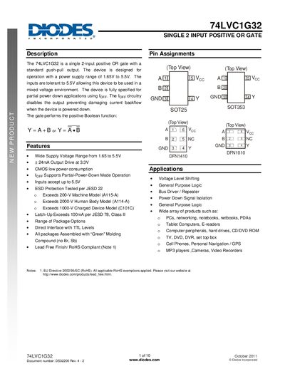Diodes 74LVC1G32 Single 2-Input Positive OR Gate Datasheet - cover page