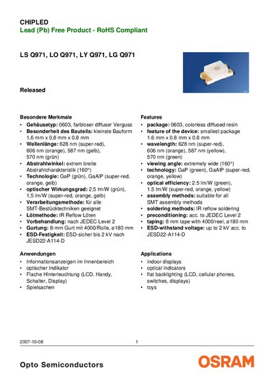 OSRAM LS Q971/LO Q971/LY Q971/LG Q971 CHIPLED Lead-Free RoHS Compliant Datasheet - cover page
