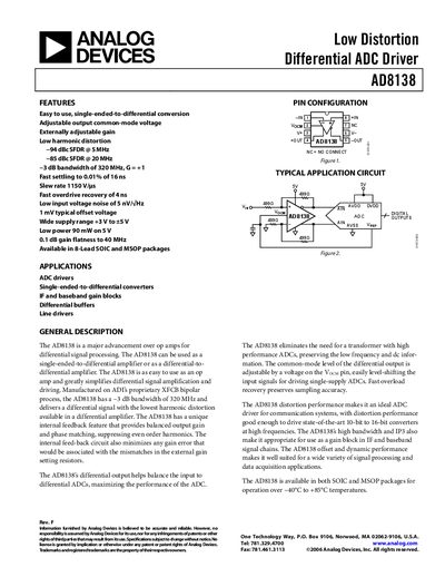 Analog Devices AD8138 Low Distortion Differential ADC Driver Datasheet - cover page