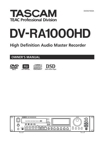 TASCAM DV-RA1000HD High Definition Audio Master Recorder User Manual - cover page